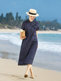 Dragon Navy Striped Ramie Cheongsam Dress
