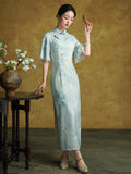 Tulip Glamorous Blue Short Sleeved Cheongsam Dress Modern Qipao