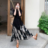 Tatyana Glamorous Black Ink Painting Print Shirt Skirt Qipao Set