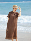 Cyclamen Coffee Striped Ramie Cheongsam Dress