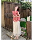 Una 2-Piece Printed Mandarin Collar Cheongsam Set