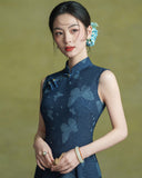 Hollyhock Radiant Navy Blue Cheongsam Dress Frog Buttons Qipao