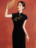 Rayna Queenly Black Velvet Cheongsam Dress Embroidered Qipao