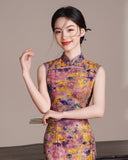 Snowdrop Arresting Frog Buttons Brocade Cheongsam Dress Sleeveless Qipao