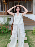 Apex Ornamental Elegant Lace V Collared Vest Wide Leg Pants Qipao Set