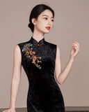 Starlight Jubilant Black Velvet Cheongsam Dress Embroidered Qipao
