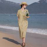 Kiara Flowing V Neck Floral Linen Cheongsam Qipao Dress