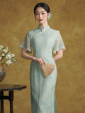 Allegro Glamorous Light Blue Embroidered Cheongsam Dress Qipao