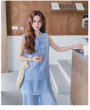 Quintina Ornamental Blue Lace Patchwork Cheongsam Qipao Set