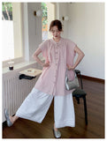 Tender Honed Casual Short Sleeve Shirt Wide Leg Pants Qipao Set