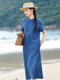 Tabitha Indigo Line Embroidery Long Cheongsam Dress