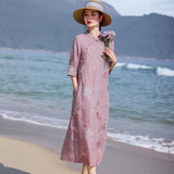 Acacia Queenly Heavy Embroidery Cheongsam Dress Stand Collar Qipao