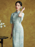 Tulip Glamorous Blue Short Sleeved Cheongsam Dress Modern Qipao