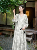 Deneb Light Gray Green Floral Cheongsam Dress