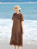 Cyclamen Coffee Striped Ramie Cheongsam Dress