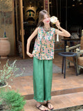Rosalinda 2-Piece Printed Vest Wide-Leg Pants Cheongsam