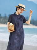 Dragon Navy Striped Ramie Cheongsam Dress