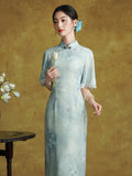 Tulip Glamorous Blue Short Sleeved Cheongsam Dress Modern Qipao