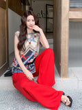 Throne 2-Piece Vintage Print Top Set Cheongsam