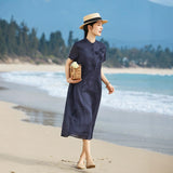 Dragon Navy Striped Ramie Cheongsam Dress