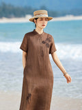 Cyclamen Coffee Striped Ramie Cheongsam Dress