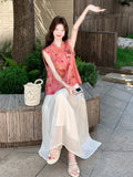 Una 2-Piece Printed Mandarin Collar Cheongsam Set