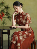 Tatyana Ornamental Brick Red Cheongsam Dress Waist Cinching Qipao