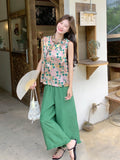 Rosalinda 2-Piece Printed Vest Wide-Leg Pants Cheongsam