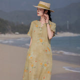 Kiara Flowing V Neck Floral Linen Cheongsam Qipao Dress