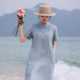 Stella Flowing Linen Embroidered Cheongsam Qipao Dress