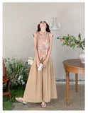 Delphine 2-Piece Floral Print Vest Wide-Leg Pants Cheongsam