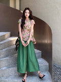 Aquamarine 2-Piece Floral Vest Pants Set Cheongsam