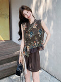 Longevity 2-Piece Asymmetrical Print Top Set Cheongsam