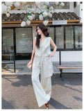 Apex Ornamental Elegant Lace V Collared Vest Wide Leg Pants Qipao Set