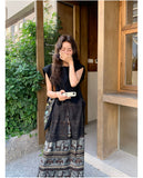 Yasira Shimmering Black Floral Print Cheongsam Top Skirt Qipao Set