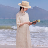 Narcissus Ornate Ramie Floral Embroidered Cheongsam Dress Stand Up Collar Qipao