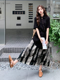 Tatyana Glamorous Black Ink Painting Print Shirt Skirt Qipao Set