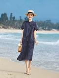 Dragon Navy Striped Ramie Cheongsam Dress