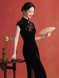 Rayna Queenly Black Velvet Cheongsam Dress Embroidered Qipao