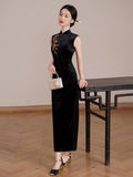 Starlight Jubilant Black Velvet Cheongsam Dress Embroidered Qipao
