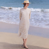 Narcissus Ornate Ramie Floral Embroidered Cheongsam Dress Stand Up Collar Qipao