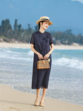 Dragon Navy Striped Ramie Cheongsam Dress