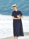 Dragon Navy Striped Ramie Cheongsam Dress