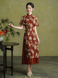 Tatyana Ornamental Brick Red Cheongsam Dress Waist Cinching Qipao