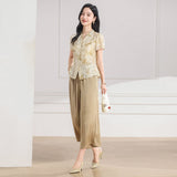 Diamond 2-Piece Floral Wide-Leg Pants Cheongsam Top