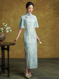 Tulip Glamorous Blue Short Sleeved Cheongsam Dress Modern Qipao
