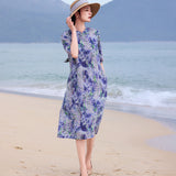 Satin Editorial Ramie Printed Cheongsam Dress Diagonal Collar Qipao