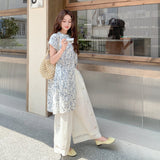Opulence Radiant Floral Crochet Shirt Pants Qipao Set