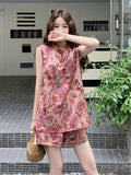 Kendra Jubilant Red Cheongsam Qipao Printed Tank Top Shorts Qipao Set
