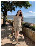 Kaida 2-Piece Khaki Printed Vest Set Cheongsam